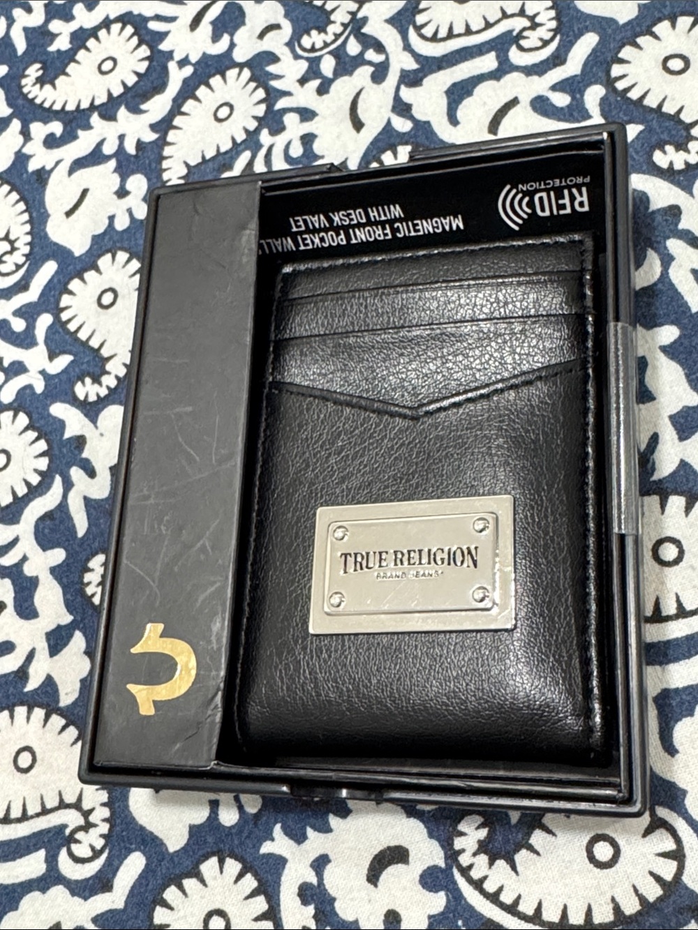 True Religion Black Leather Card & Key Holder with Metal Logo Plate